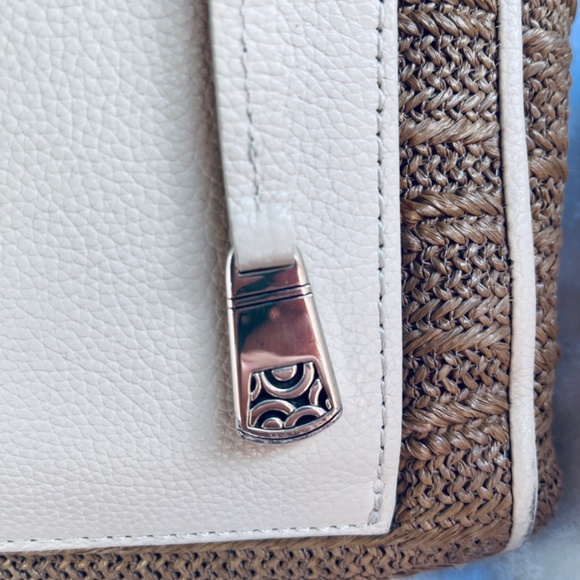 BRIGHTON Cream & Tan Raffia Wicker Genuine Leather Shoulder Bag Tote Purse - Picture 6 of 14